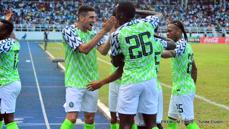 Eagles celebrating their goal against DR Congo in an international friendly game at the Adokiye Amiesimaka Stadium in Porthacourt on May 28, 2018